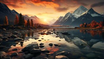 AI generated Majestic mountain range reflects tranquil sunset on water generated by AI photo