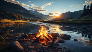 AI generated The mountain peak reflects the tranquil campfire flame generated by AI photo