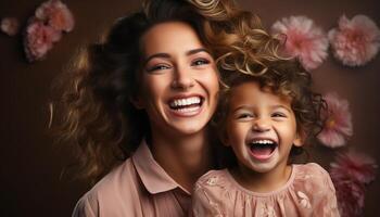 ai generado un alegre familia, sonriente y abrazando, radiante amor y felicidad generado por ai foto