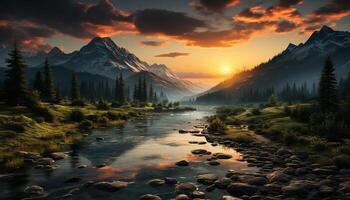 ai generado majestuoso montaña rango refleja tranquilo puesta de sol en agua generado por ai foto
