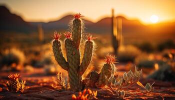 ai generado puesta de sol terminado árido paisaje, espinas y suculento plantas prosperar generado por ai foto