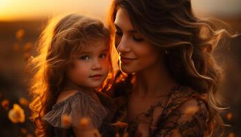 AI generated A beautiful mother and child embrace, enjoying nature sunset generated by AI photo