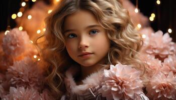 AI generated Smiling girl, curly hair, looking at camera, Christmas celebration generated by AI photo