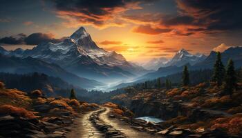 AI generated Majestic mountain peak, sunset sky, tranquil meadow, adventurous hiking generated by AI photo