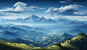 AI generated Majestic mountain peak, tranquil meadow, green forest, blue sky generated by AI photo