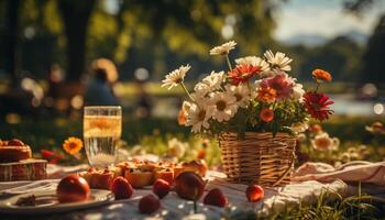 AI generated A summer picnic in a formal garden, enjoying fresh fruit generated by AI photo