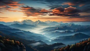 AI generated Majestic mountain peak silhouettes in tranquil autumn landscape generated by AI photo