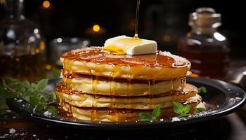 AI generated Freshly cooked pancakes stacked high with sweet syrup and berries generated by AI photo