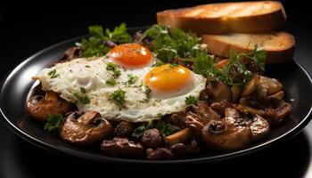 AI generated Grilled pork with mushroom, bread, and fresh salad on plate generated by AI photo