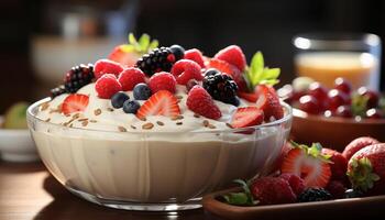 AI generated Freshness and sweetness in a bowl of berry fruit dessert generated by AI photo