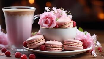 ai generado hecho en casa gastrónomo macarrón, un dulce indulgencia en un rústico mesa generado por ai foto