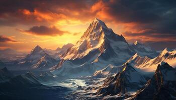 ai generado majestuoso montaña pico refleja atardecer, tranquilo escena de naturaleza generado por ai foto