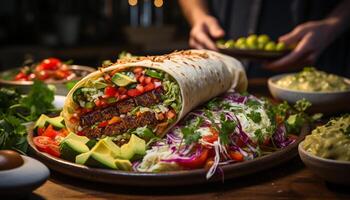 ai generado frescura en un plato A la parrilla carne, guacamole, tomate, y tortilla generado por ai foto