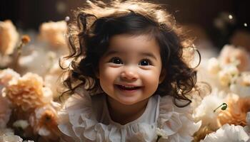 ai generado sonriente linda niño, felicidad alegre, uno persona retrato bebé generado por ai foto