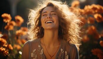 ai generado uno hermosa mujer disfrutando el otoño prado, riendo y sonriente generado por ai foto