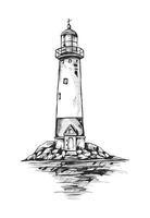 faro en el isla. mano dibujado vector ilustración en bosquejo estilo