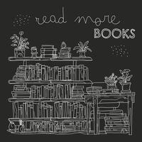Hand drawn bookshelf with books and plants. Black and white vector illustration