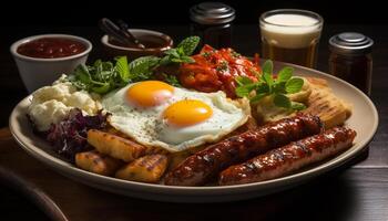 AI generated Grilled pork, beef, and vegetables on a rustic wooden plate generated by AI photo