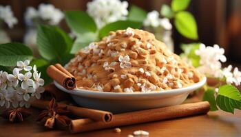 ai generado frescura y dulzura en un de madera mesa, naturaleza gastrónomo postre generado por ai foto