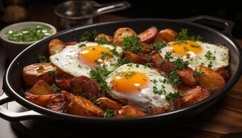 ai generado frescura y sano comiendo A la parrilla Cerdo con frito huevo y vegetales generado por ai foto