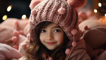 AI generated Cute child smiling, winter portrait, joyful celebration indoors generated by AI photo