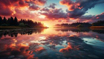 AI generated Sunset over tranquil meadow reflects vibrant colors in pond generated by AI photo