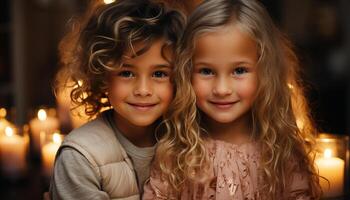 ai generado sonriente niño, felicidad, linda chicas, alegre retrato, dos personas generado por ai foto