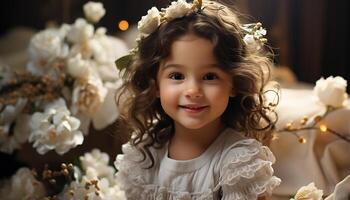 ai generado un lindo, sonriente niña participación un flor, lleno de alegría generado por ai foto