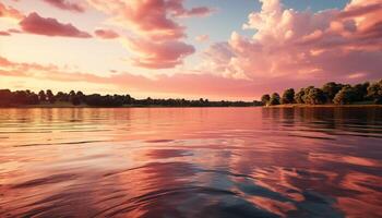 ai generado puesta de sol terminado agua, naturaleza reflexión, tranquilo escena, vibrante colores generado por ai foto