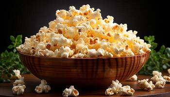 AI generated Freshly popped corn in a yellow bowl, perfect movie snack generated by AI photo