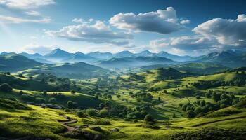 ai generado tranquilo prado, verde montañas, puesta de sol naturaleza asombroso belleza generado por ai foto