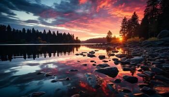 ai generado tranquilo puesta de sol refleja en agua, naturaleza sereno belleza generado por ai foto