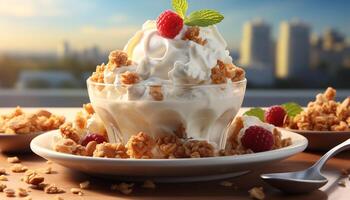 AI generated Freshness and sweetness in a gourmet ice cream dessert generated by AI photo