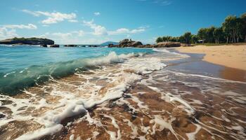 AI generated Idyllic summer coastline blue wave, sand, and tranquil waters generated by AI photo