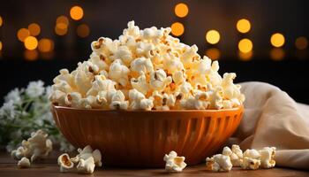 AI generated Fresh popcorn in a wooden bowl, perfect movie theater snack generated by AI photo