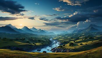 AI generated Majestic mountain peak reflects tranquil sunset on grassy meadow generated by AI photo