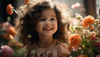 ai generado sonriente niño, alegre y lindo, felicidad en naturaleza flor generado por ai foto