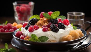 AI generated Freshness and indulgence on a wooden table raspberry dessert generated by AI photo