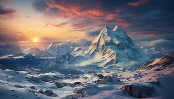 AI generated Majestic mountain peak, panoramic sunset, frozen beauty in nature generated by AI photo