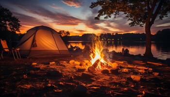 AI generated Camping in nature, flame glow, tranquil scene, glowing sunset generated by AI photo