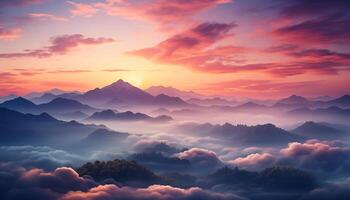 ai generado majestuoso montaña pico refleja tranquilo puesta de sol en naturaleza belleza generado por ai foto