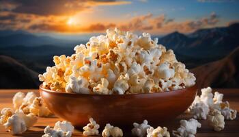 AI generated Fresh popcorn on wooden table, enjoying movie outdoors generated by AI photo