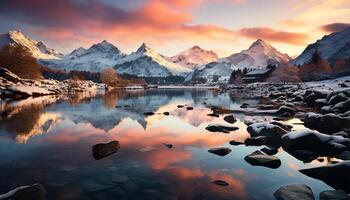 ai generado majestuoso montaña pico refleja tranquilo puesta de sol en Nevado paisaje generado por ai foto