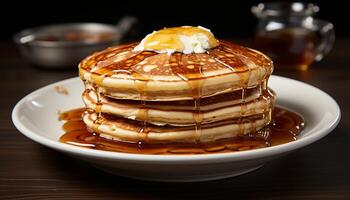 AI generated Freshly baked pancake stack with honey pouring over it generated by AI photo