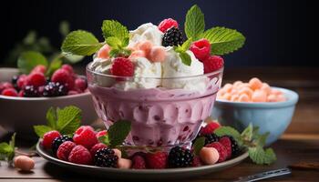 AI generated Raspberry, blueberry, strawberry, blackberry, mint leaf, yogurt, ice cream generated by AI photo