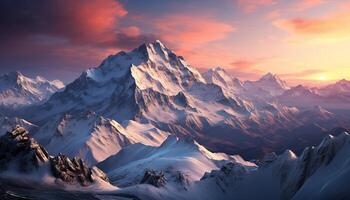 ai generado majestuoso montaña cima, nieve cubierto, tranquilo atardecer, congelado belleza generado por ai foto