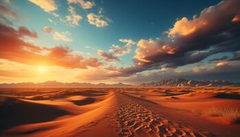 ai generado tranquilo escena arena duna, atardecer, cielo, ondas, dorado belleza generado por ai foto