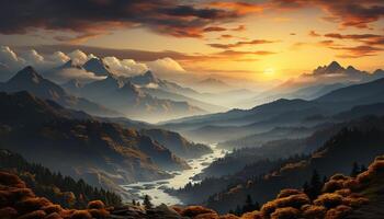 AI generated Majestic mountain peak silhouettes in tranquil sunset landscape generated by AI photo