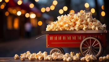 ai generado Fresco Palomitas, dulce, y bebidas para un divertido película noche generado por ai foto