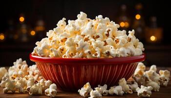 AI generated Fresh popcorn in a bowl, perfect movie theater snack generated by AI photo